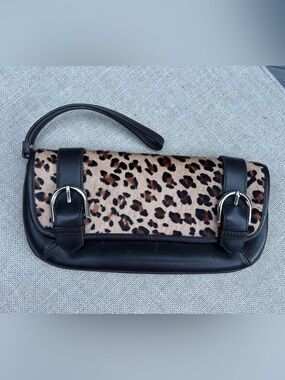 Loft leather fur buckle animal print wristlet clutch